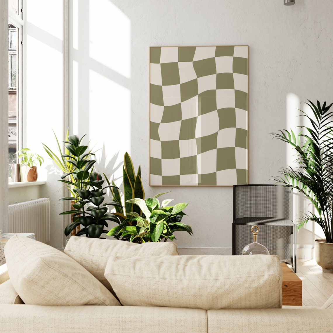 Olive Green Wavy Checkered Retro Checkerboard Art Deco Poster - Image 4