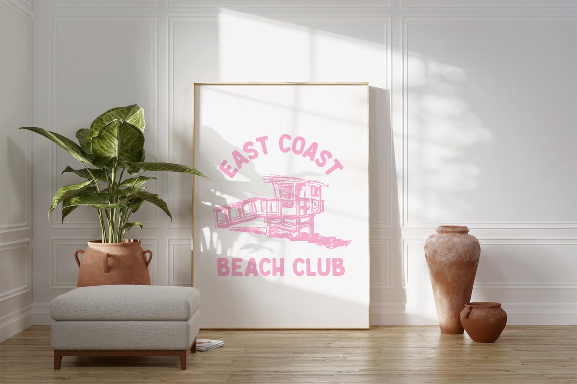 East Coast Beach Club Pink Lifeguard Tower Coastal Decor Poster