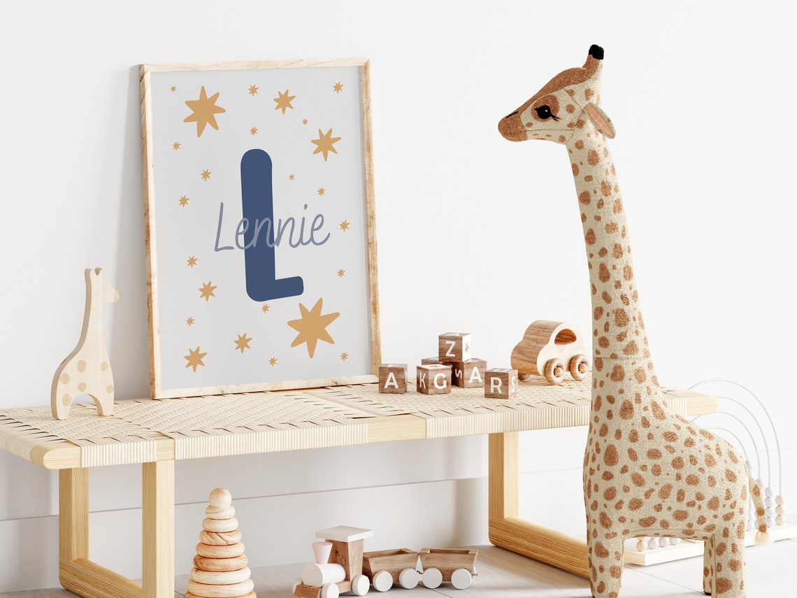 Milo Personalized Name Initial Blue Stars Nursery Baby Poster - Image 3