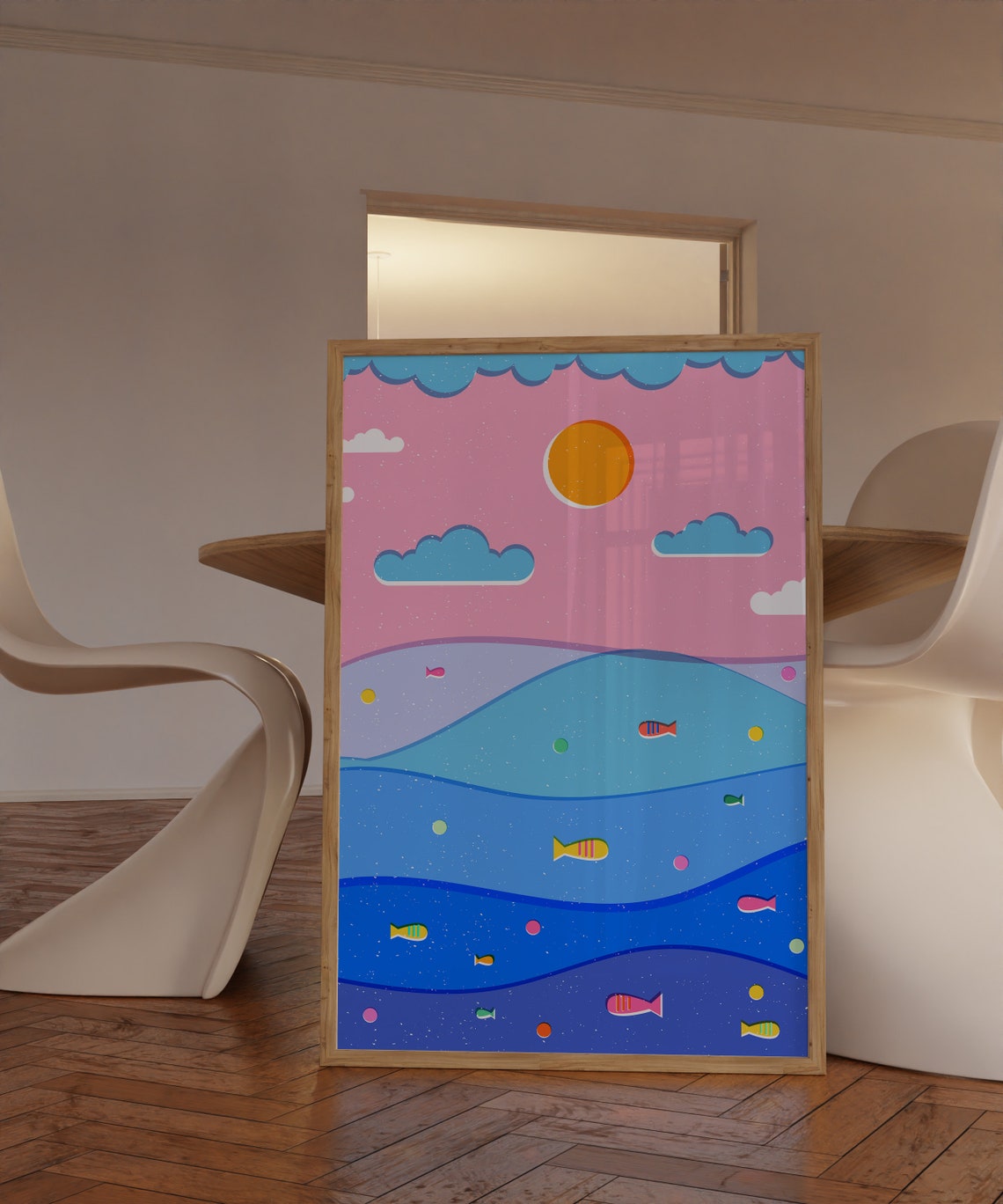Colorful Seascape Pink Sky Ocean Waves Fish Kids Room Bright Wall Art