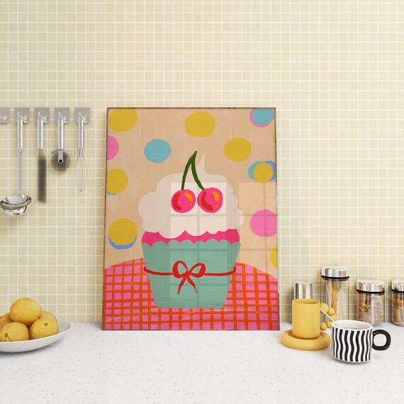 Colorful Cherry Muffin Art Print Sweet Kitchen Dessert Poster