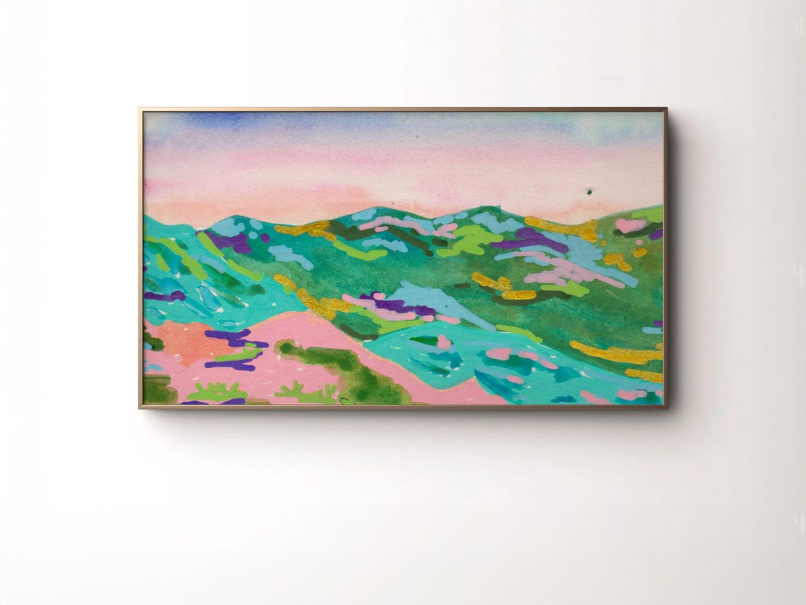 Colorful Sunset Hills Landscape Painting Teal Pink Hills Poster