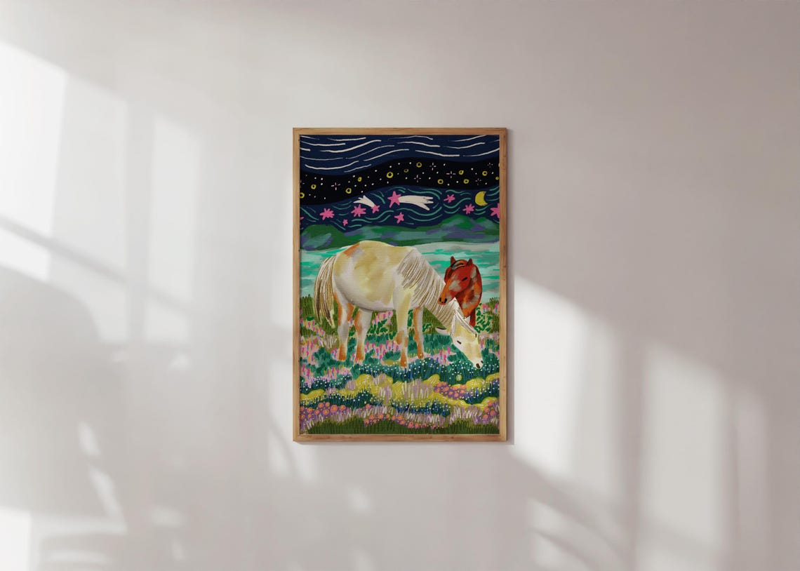 Sweet Gentle White Horse And Foal Night Meadow Nursery Wall Art