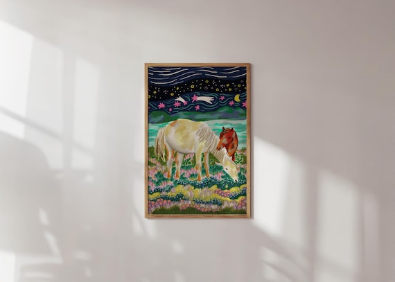 Sweet Gentle White Horse And Foal Night Meadow Nursery Wall Art