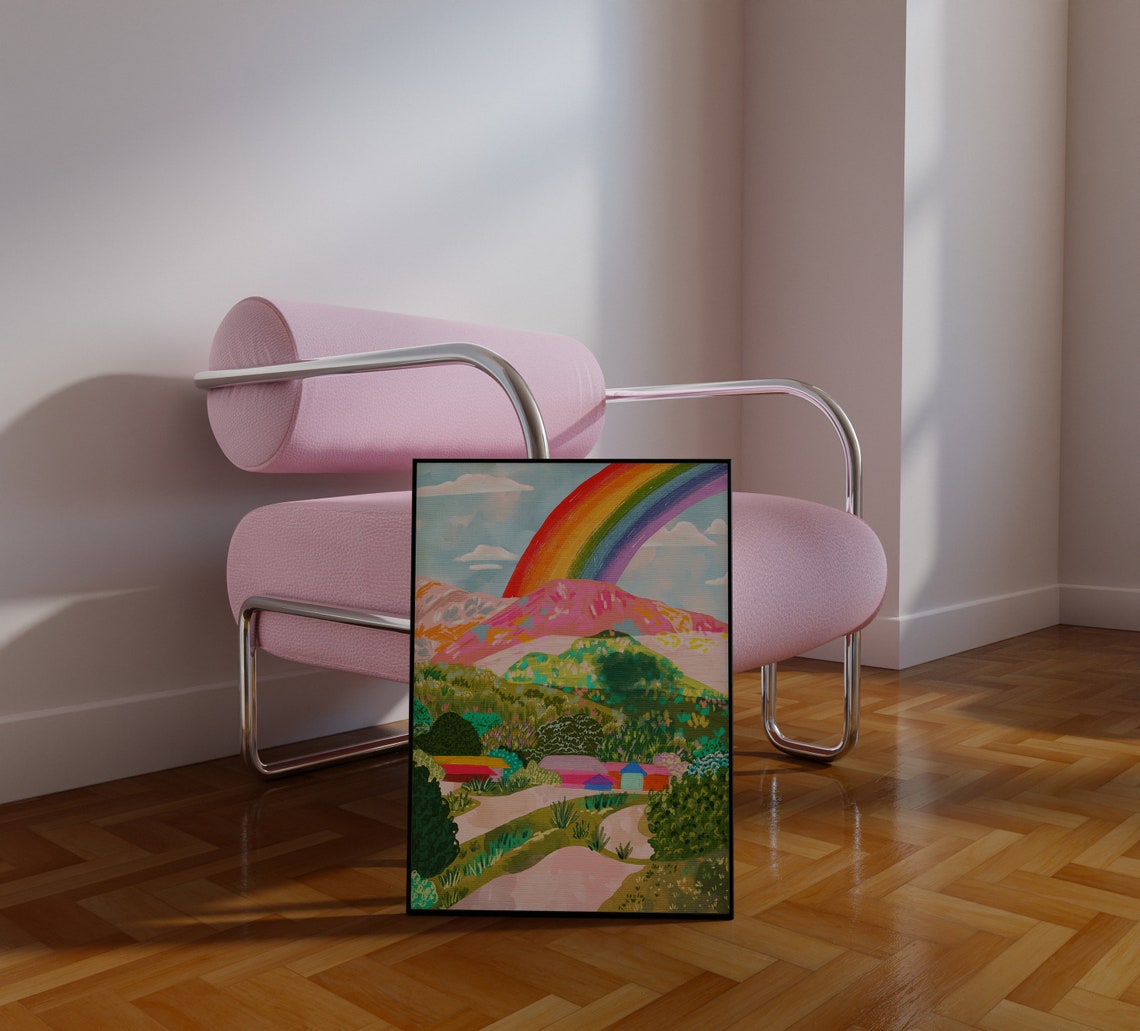 Vibrant Rainbow Arched Over Green Mountain Valley Village Scene Poster
