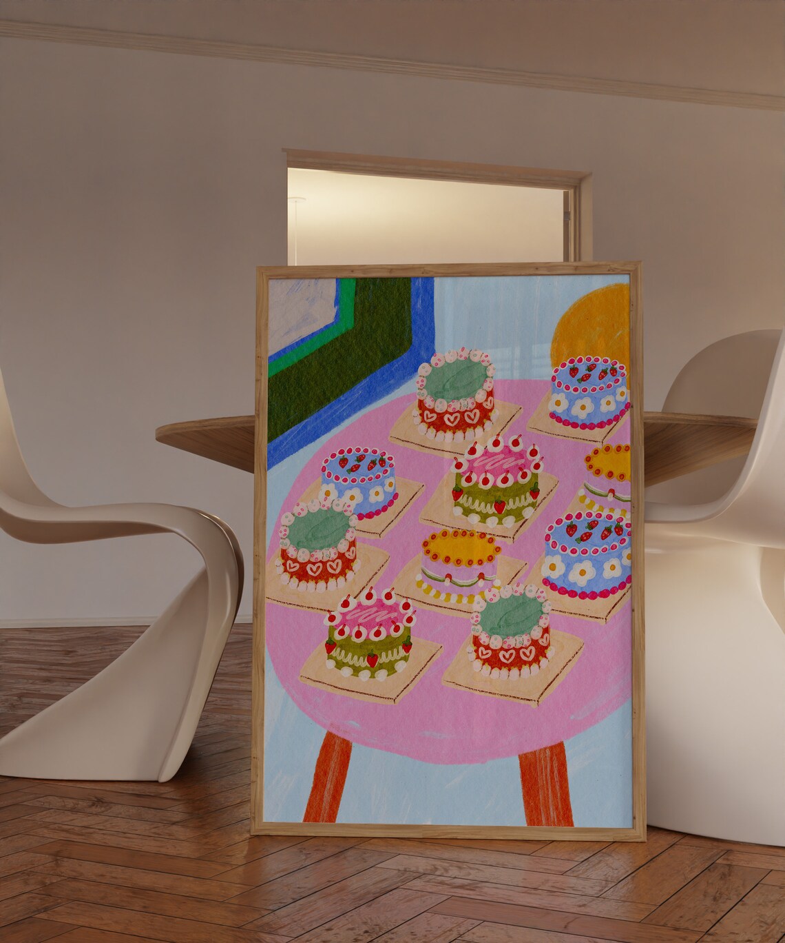Sweet Colorful Decorated Mini Cakes Birthday Party Table Art Poster