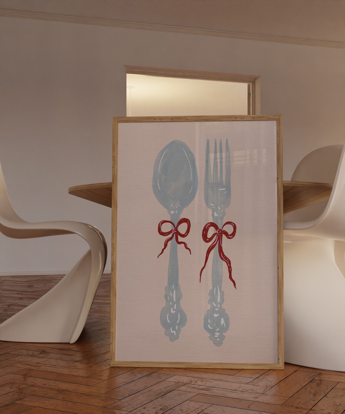 Hand Drawn Blue Spoon Fork Tied With Red Bows Coquette Kitchen Art Poster