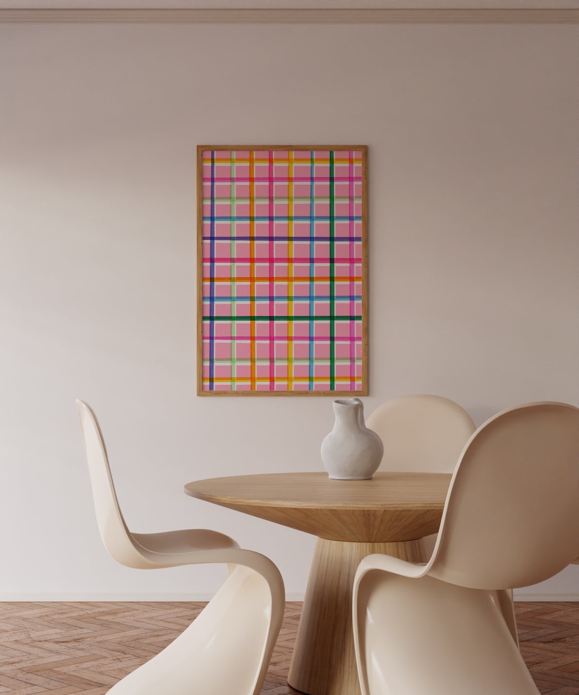 Rainbow Plaid Grid Pink Background Modern Abstract Art Poster