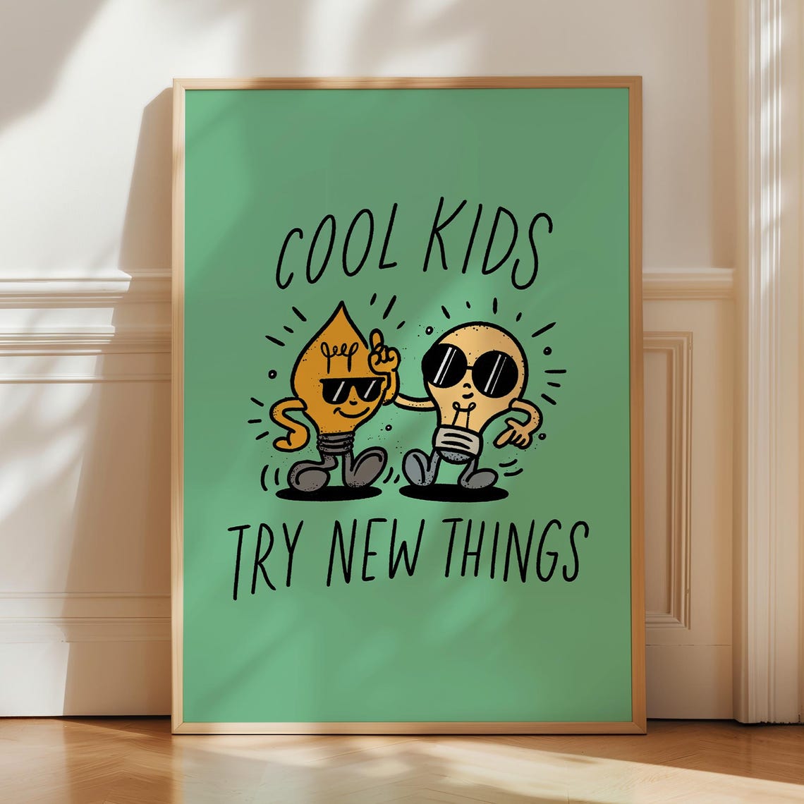 Cool Kids Try New Things Light Bulb Cartoon Green Kids Room Poster