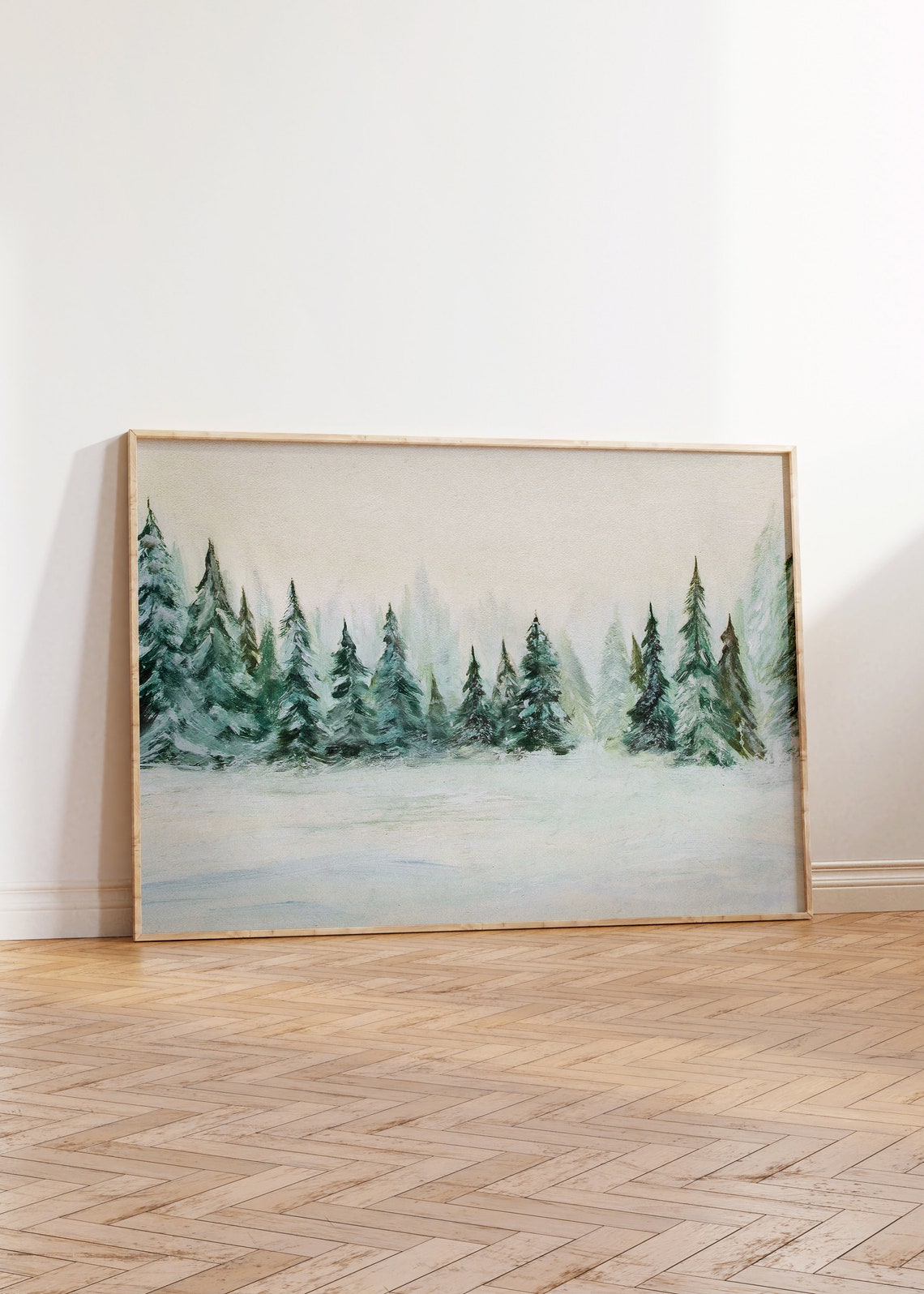Misty Snowy Pine Forest Watercolor Winter Woodland Scene Art Print - Image 2