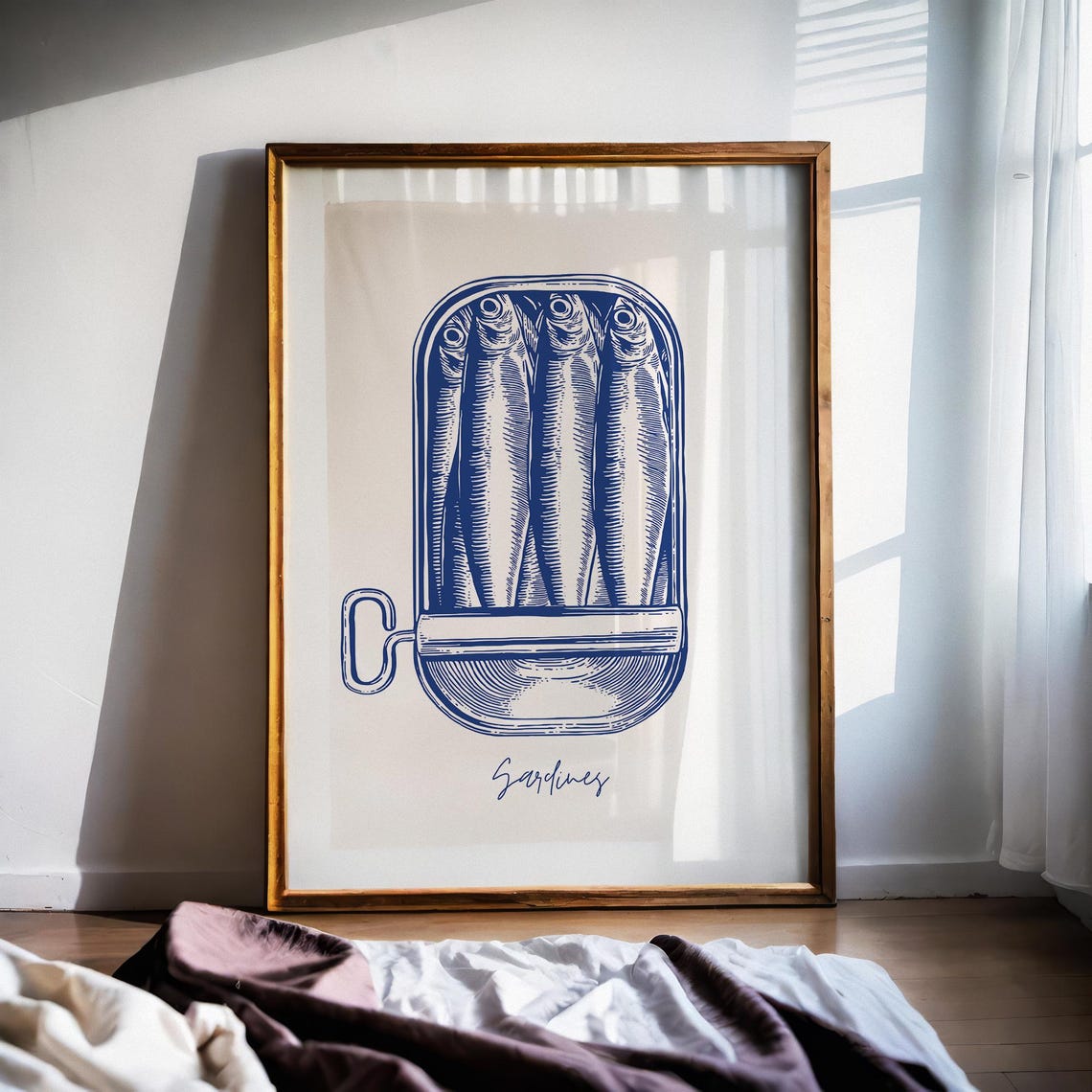 Vintage Sardines Tin Blue Ink Fish Illustration Retro Kitchen Poster - Image 3
