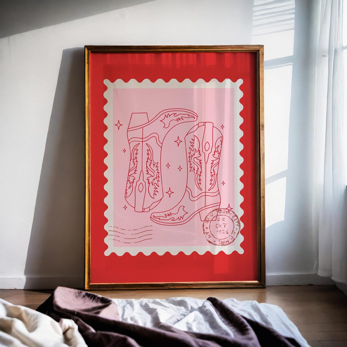 Pink Cowboy Boots Postage Stamp Trendy Western Coastal Wall Art Poster - Image 4