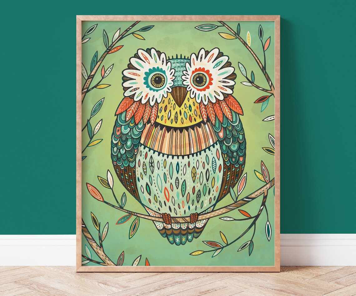 Owl Wall Art Print, Hand Drawn Nursery Decor