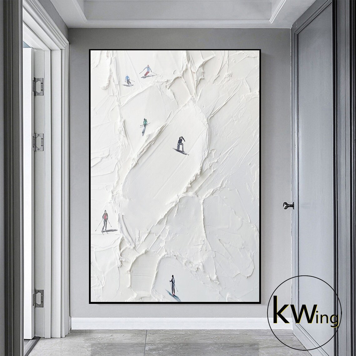 Skiers Descending Snowy White Slope Textured Winter Sports Art Poster - Image 3