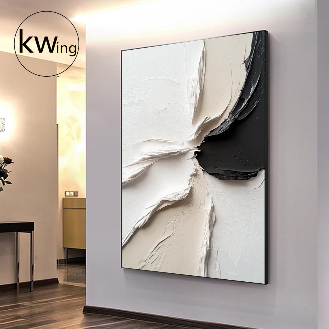 White Beige Black Abstract Brushstroke 3D Texture Painting Art Poster - Image 5