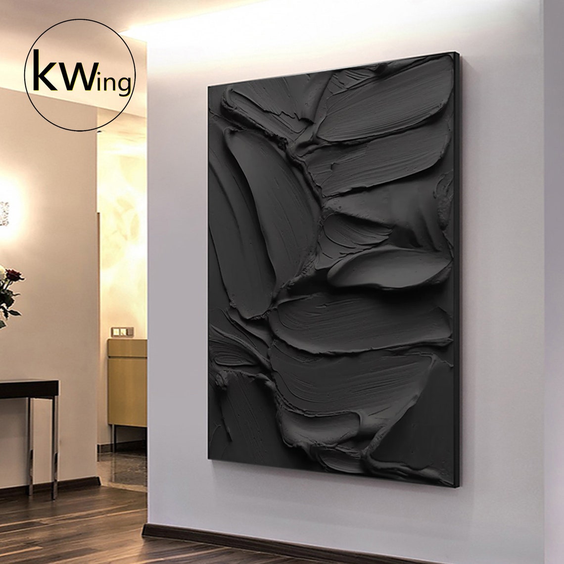 Black 3D Plaster Texture Abstract Painting Moody Minimalist Art Poster - Image 4