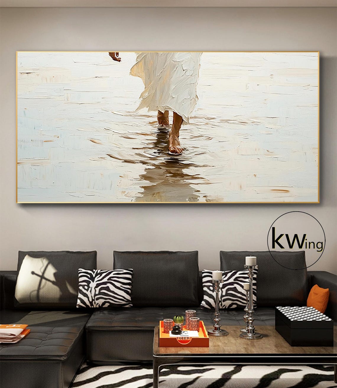 Jesus Walking on Water Minimalist Beige Textured Faith Art Poster - Image 5