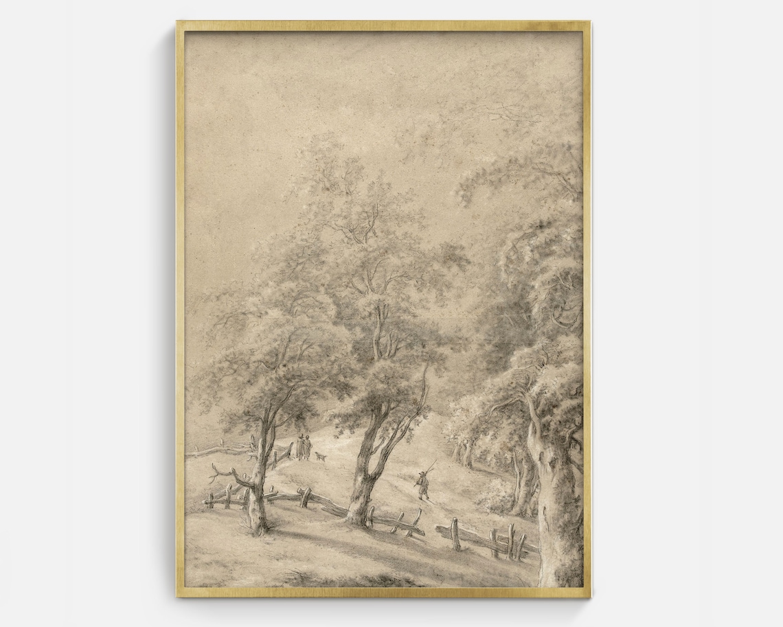 Sepia Winter Forest Fence Landscape Vintage Pencil Sketch Art Poster