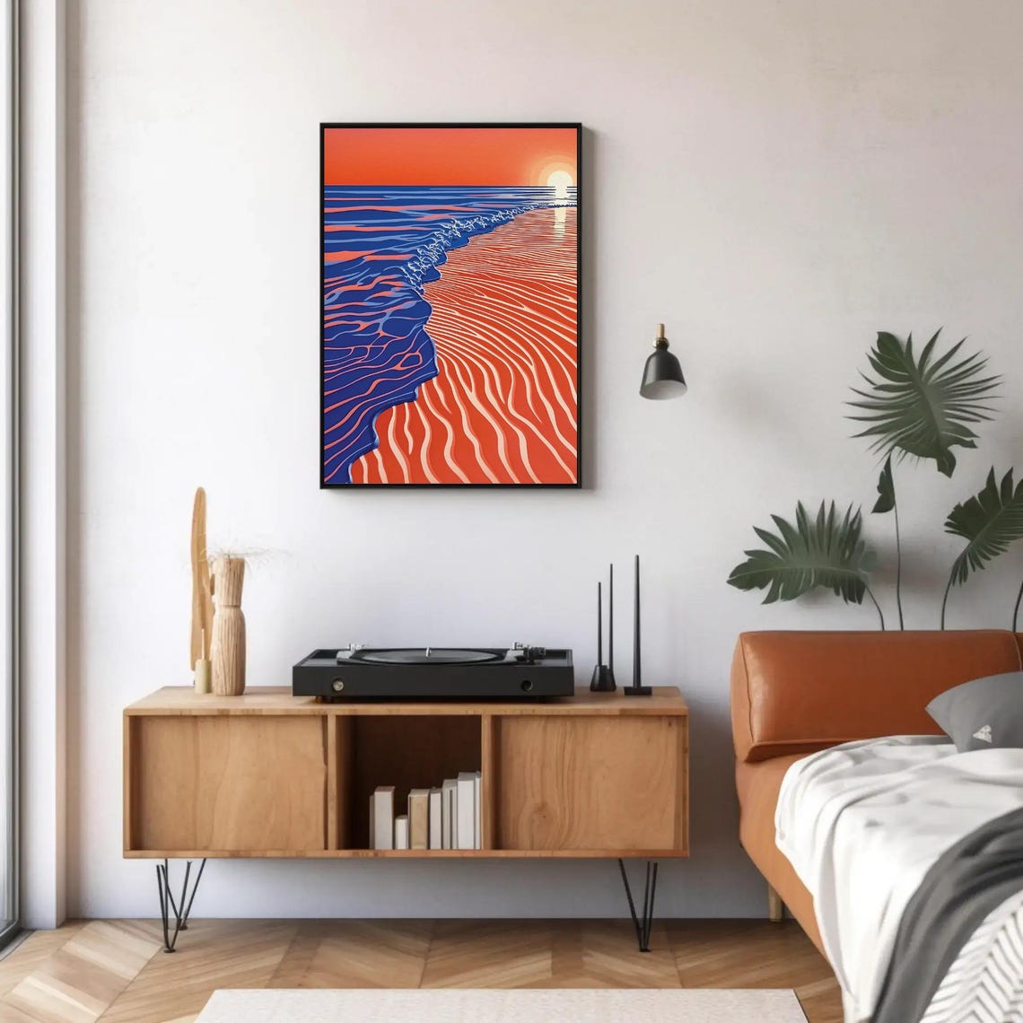 Retro Sunset Beach Orange Sand Blue Waves Stylized Art Poster