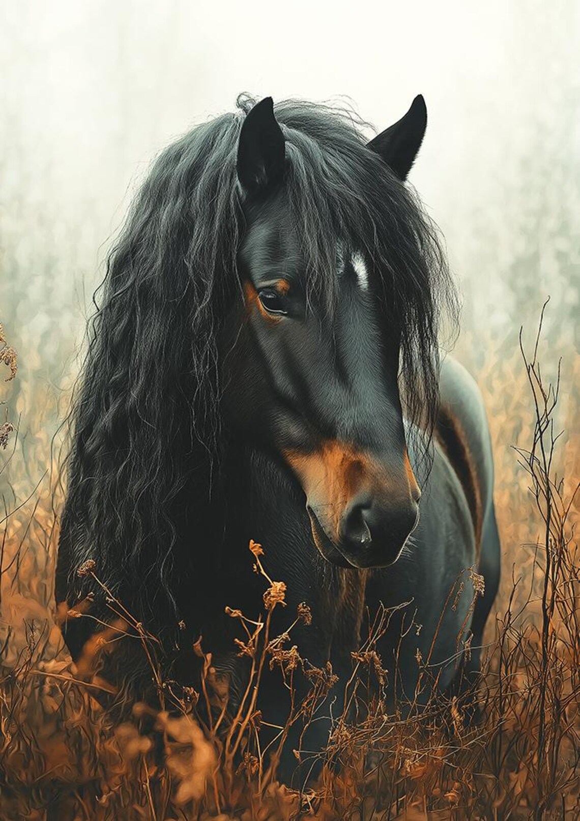 Black Horse Portrait in Golden Wheat Field Realistic Art Poster - Image 4
