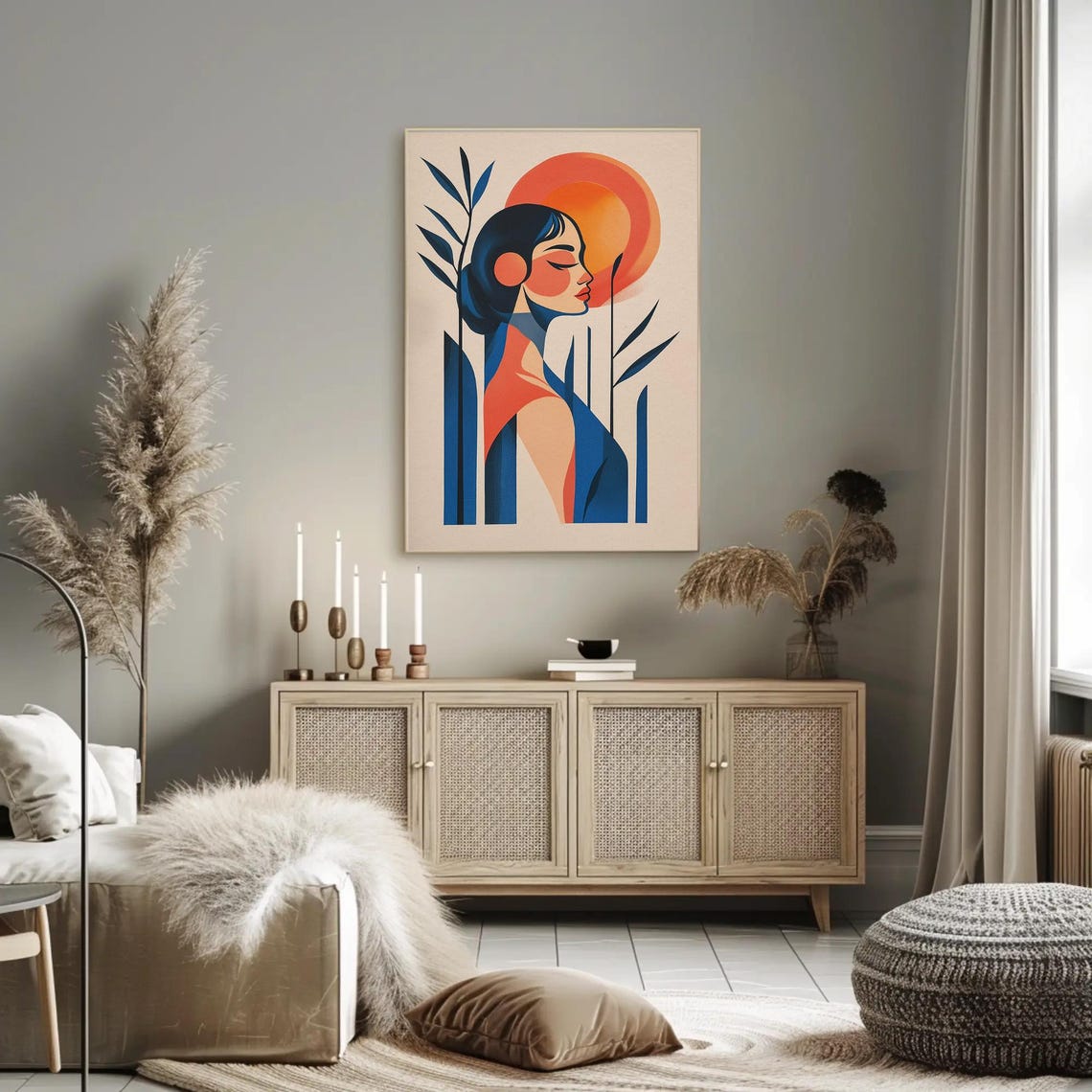 Mid Century Woman with Orange Sun and Blue Leaves Elegant Poster - Image 3