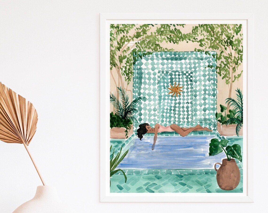 Poolside Siesta Art Print, Marrakech Morocco-Inspired