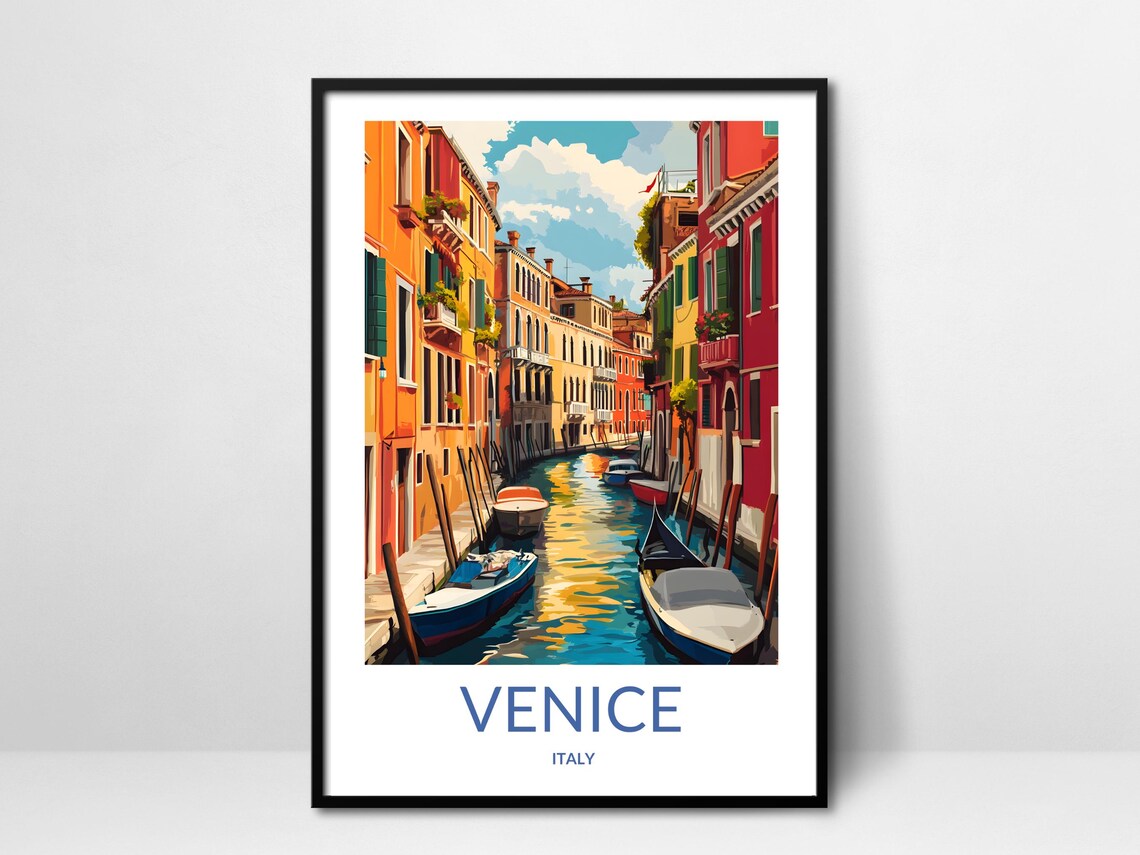 Venice Italy Colorful Canal Boats Waterfront Homes Travel Poster
