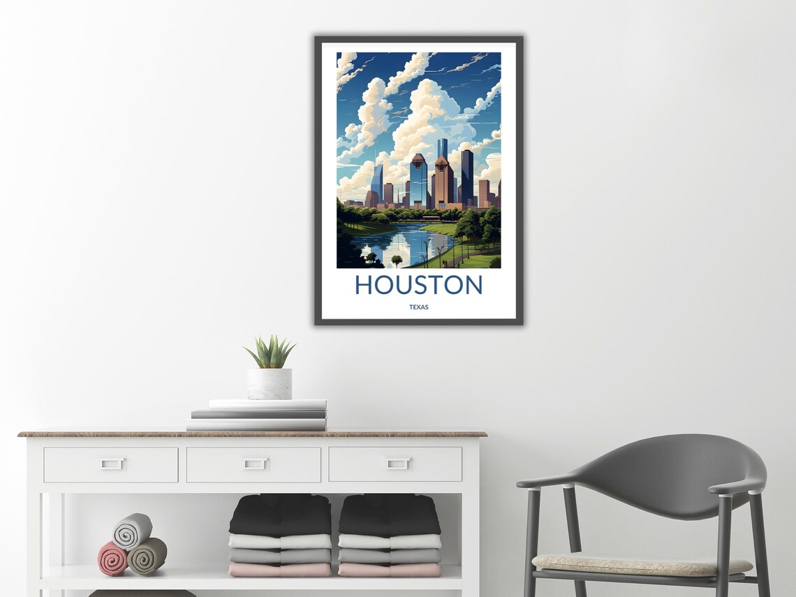 Houston Texas Daytime Skyline Bayou Green Park Retro Travel Poster - Image 2