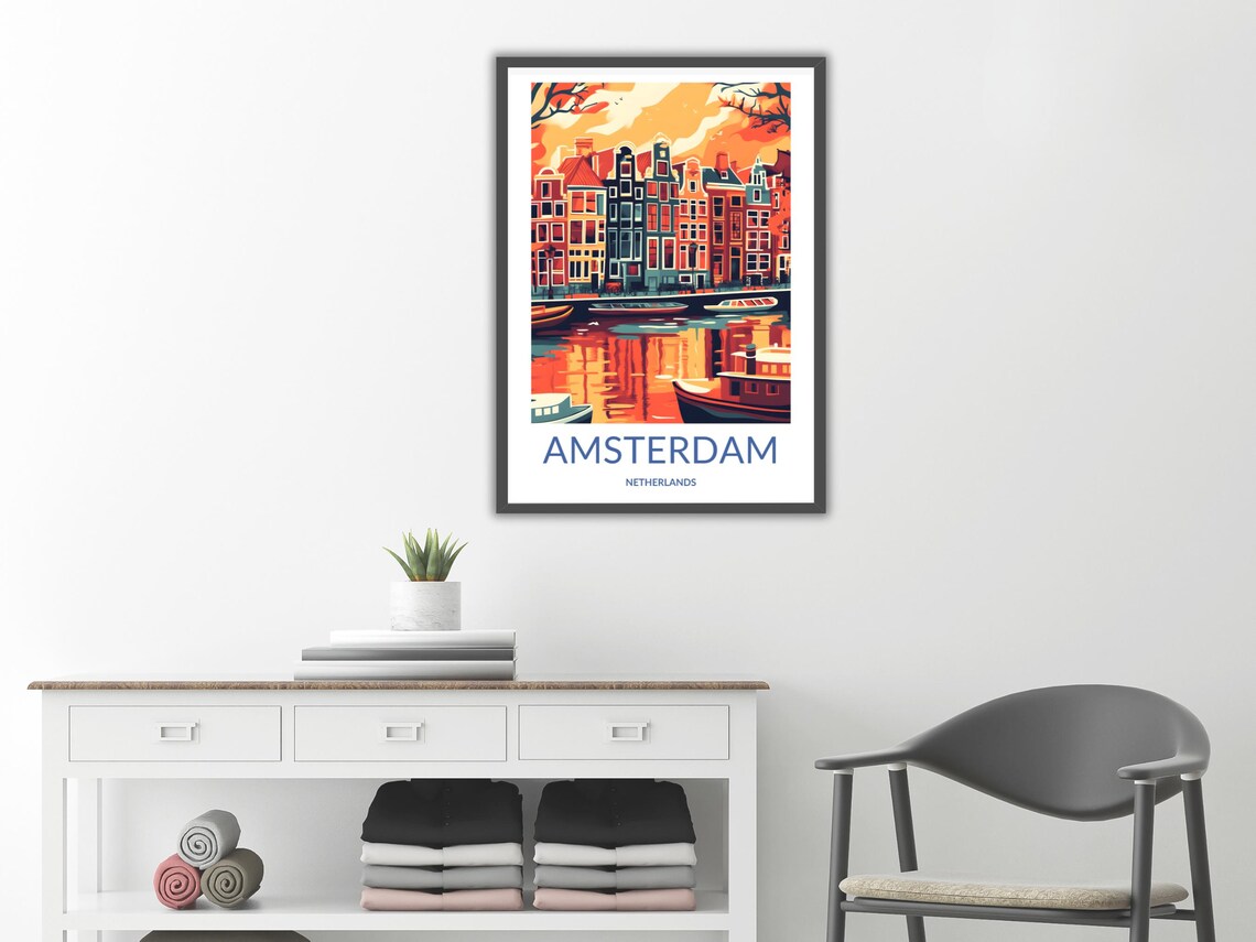 Amsterdam Sunset Canal Houses Fiery Reflection Boats Holland Poster - Image 2