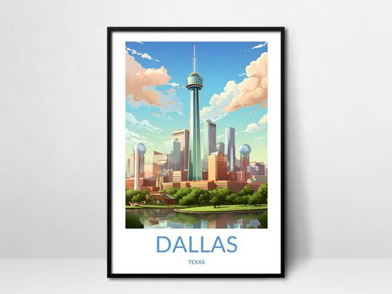 Dallas Texas Daytime Observation Tower River Retro Travel Poster