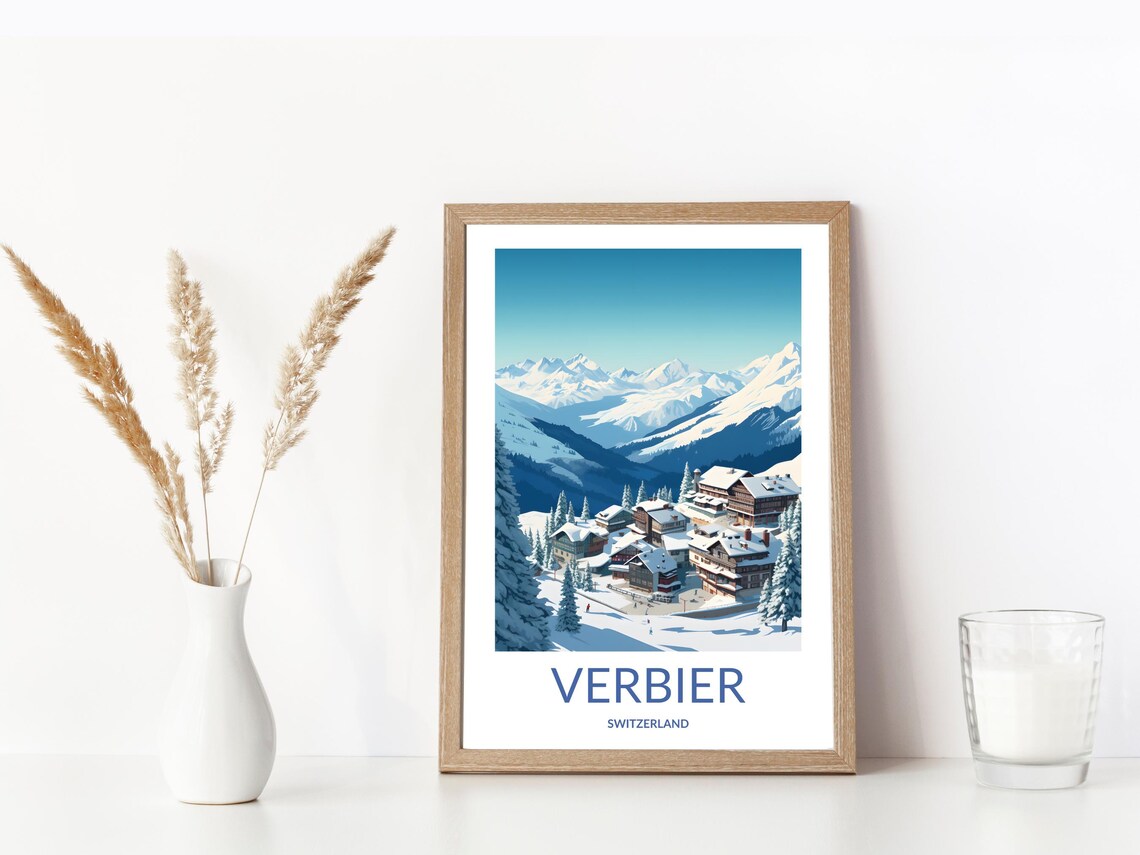 Verbier Switzerland Alpine Chalets Snowy Peaks Resort Village Poster - Image 3