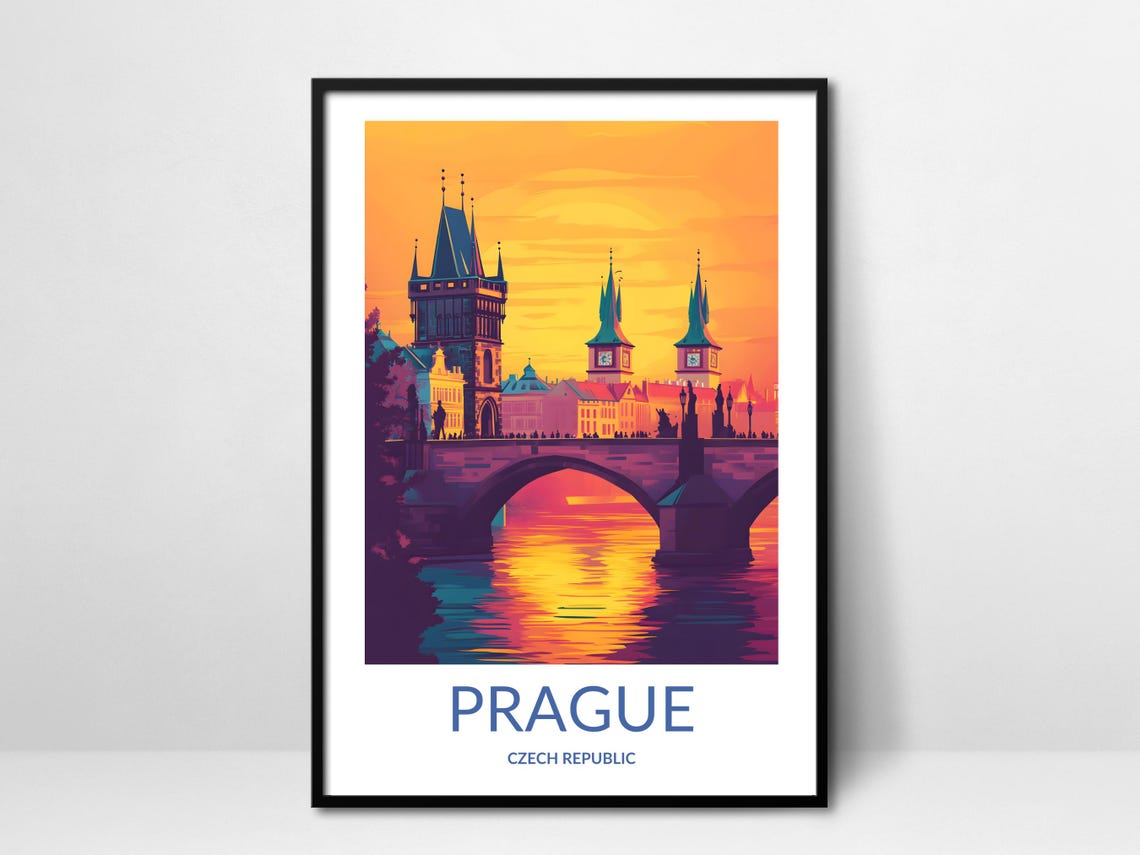 Prague Czech Republic Charles Bridge Tower Sunset Travel Poster