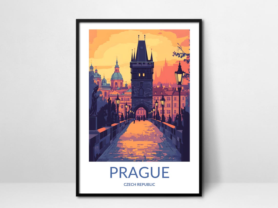 Prague Czech Republic Charles Bridge Sunset Vintage Travel Poster
