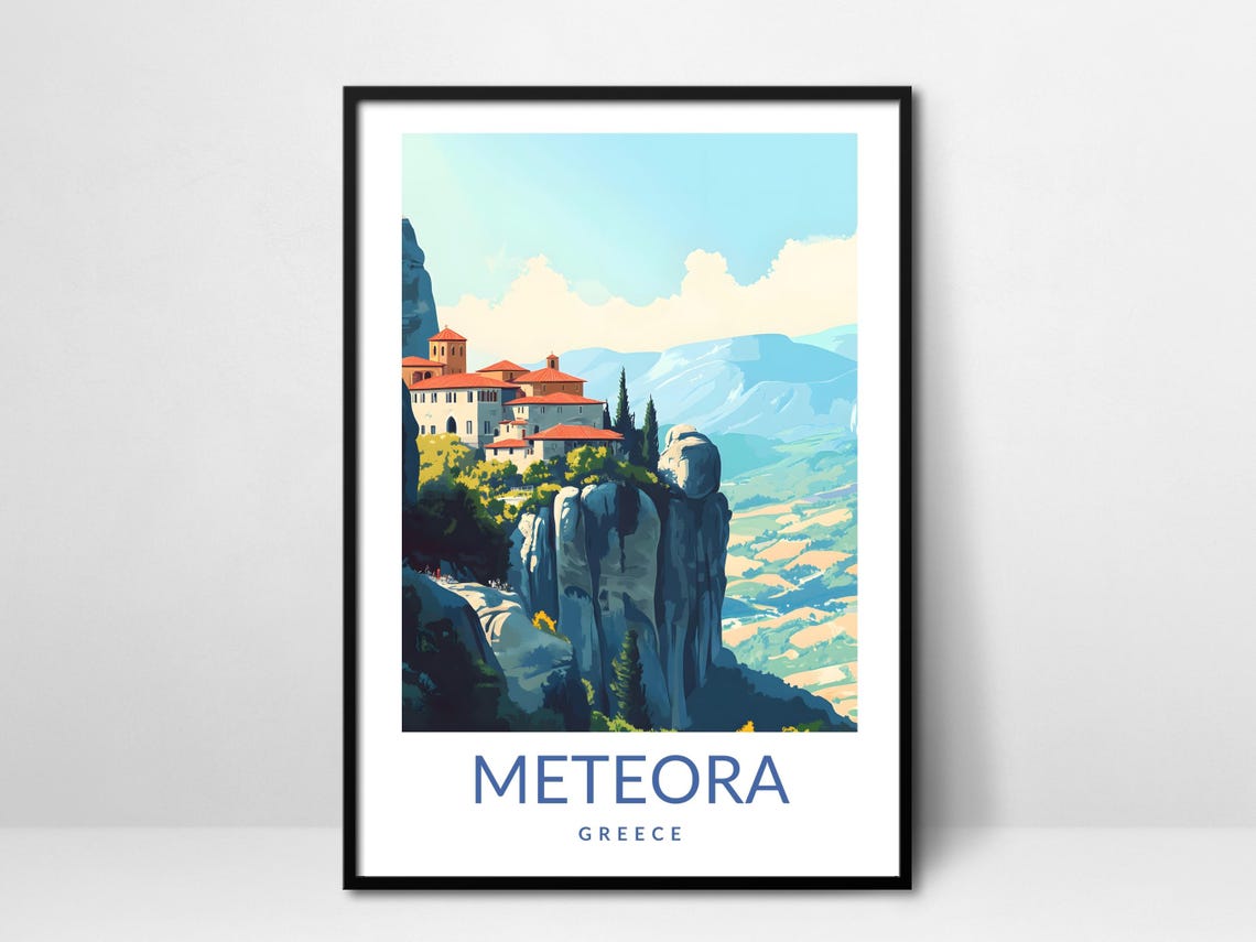 Meteora Greece Clifftop Monastery Vintage Travel Poster Valley View