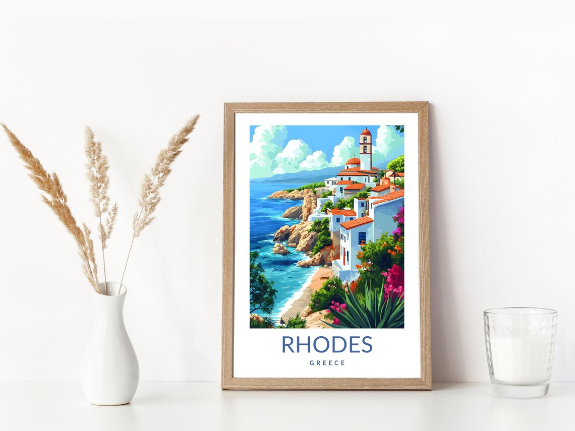Rhodes Greece Coastal Village Poster Whitewashed Cliff Church Sea View - Image 3