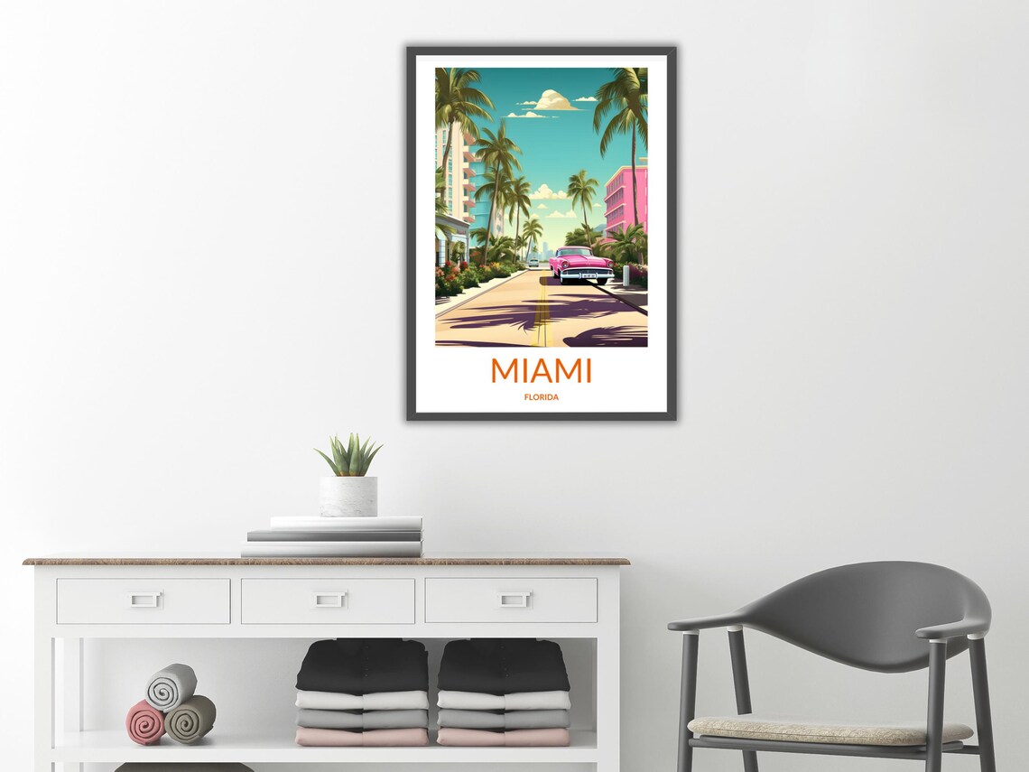 Miami Florida Pink Classic Car Retro Street Travel Scene Poster - Image 2