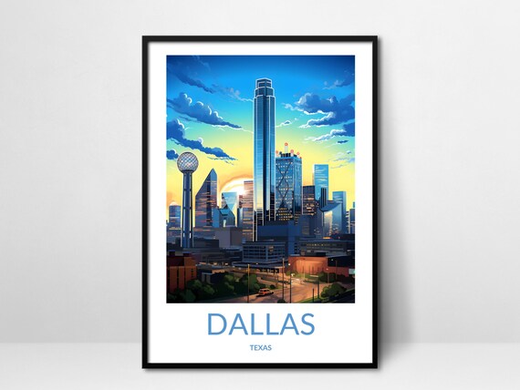 Dallas Texas Sunset Skyline Reunion Tower City Retro Travel Poster