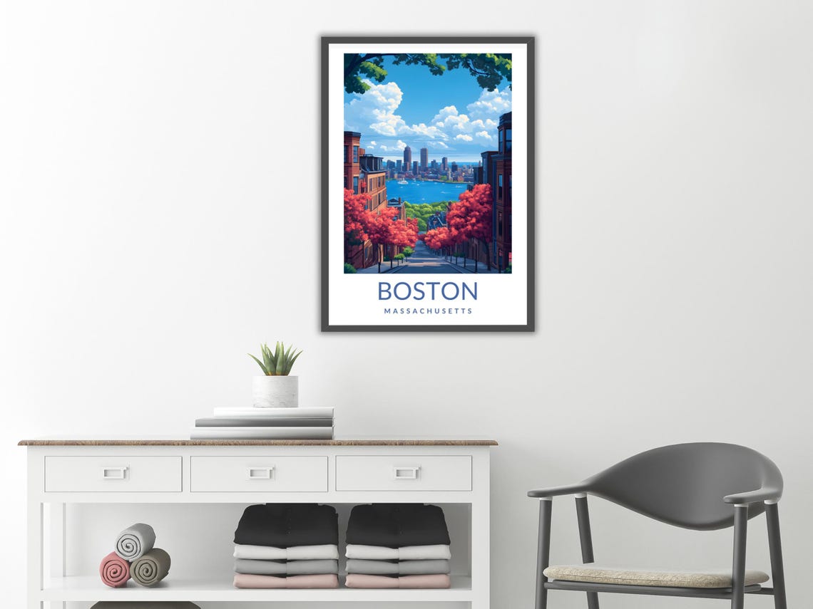 Boston Massachusetts Skyline Poster Red Tree Street Charles River View - Image 2