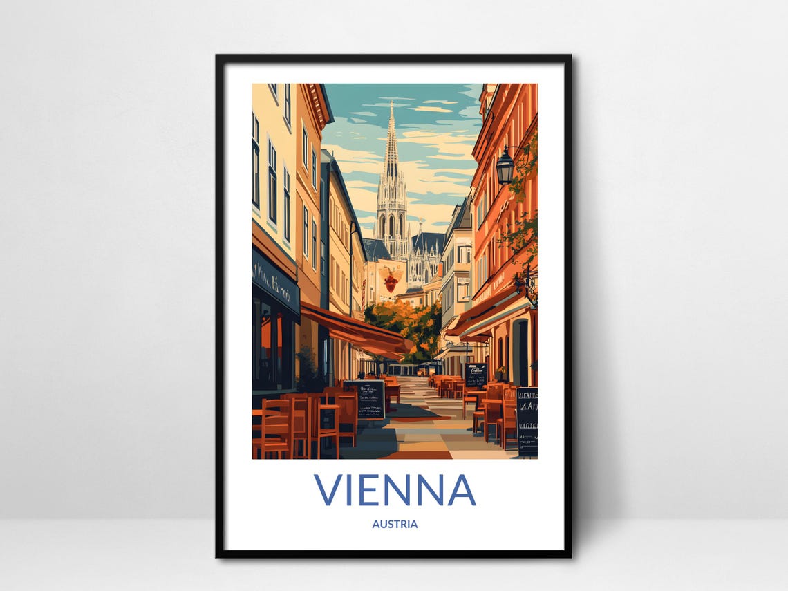 Vienna City Art Austria Street Scene European Cafe Art Vienna Cathedral Print Historic Vienna Streets Travel Poster Vienna Decor