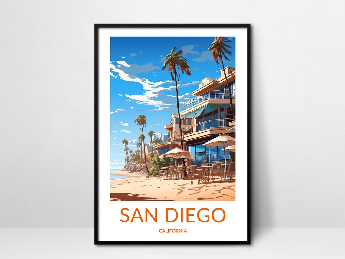 San Diego California Beach Cafe Palm Trees Coastal Scene Poster