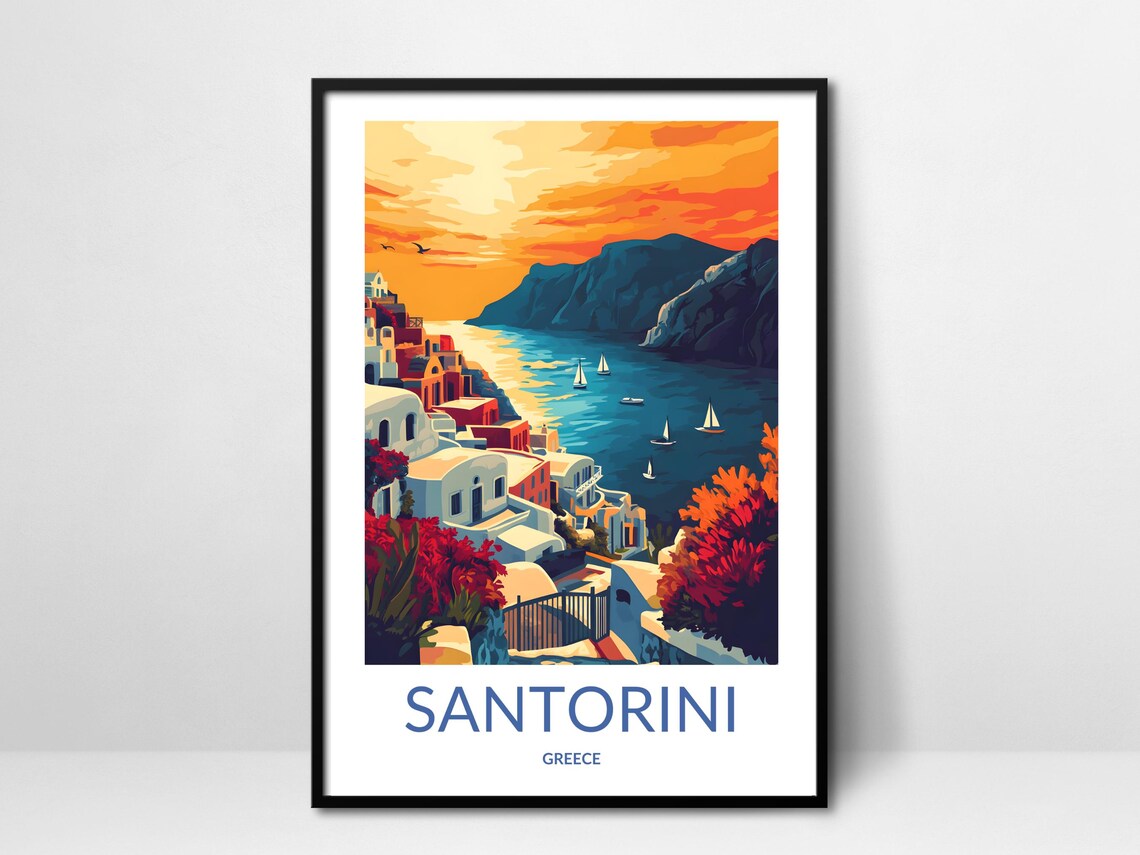 Santorini Sunset Caldera Sailboats Orange Sky Greece Travel Poster
