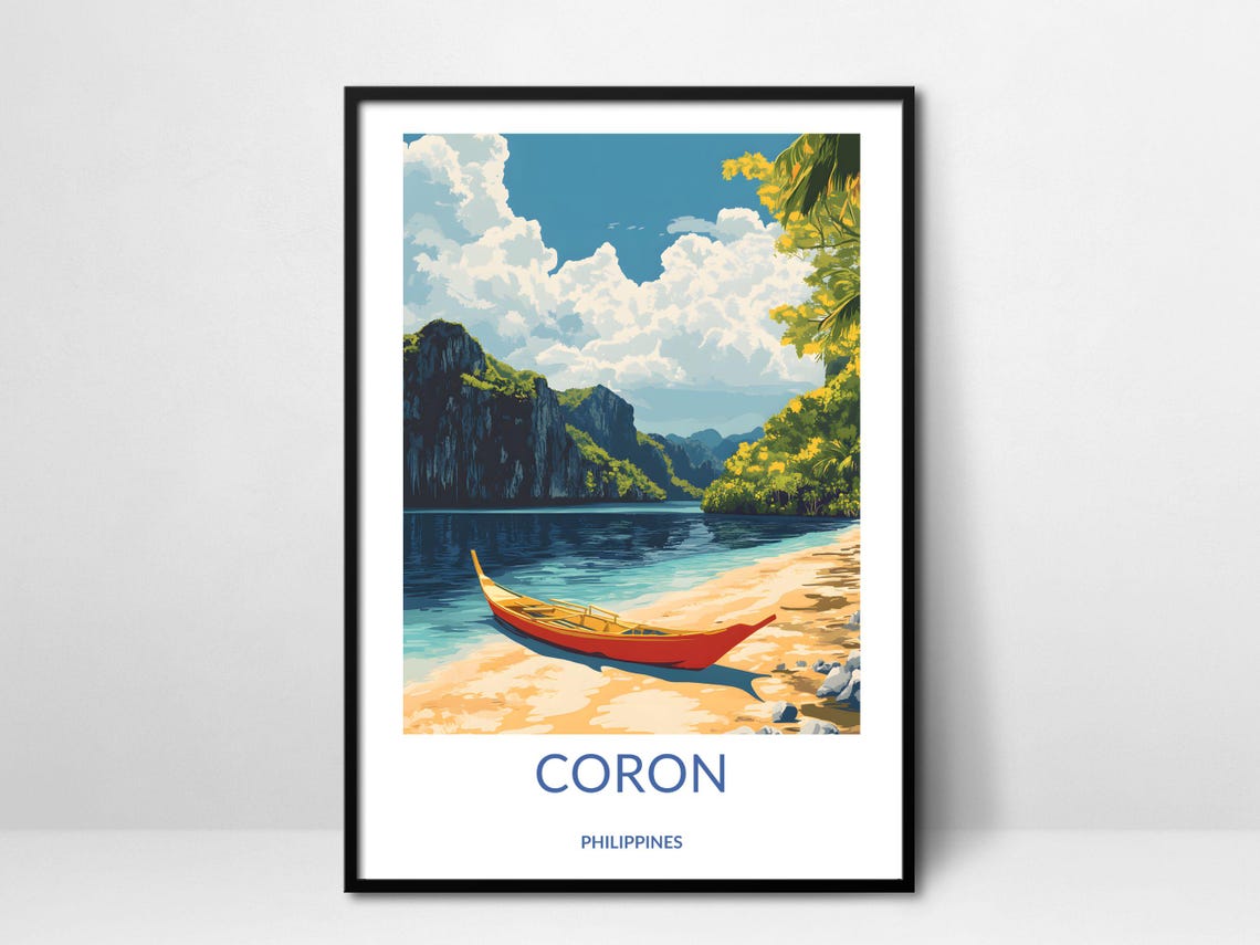 Coron Palawan Philippines Beach Boat Cliffs Tropical Travel Poster