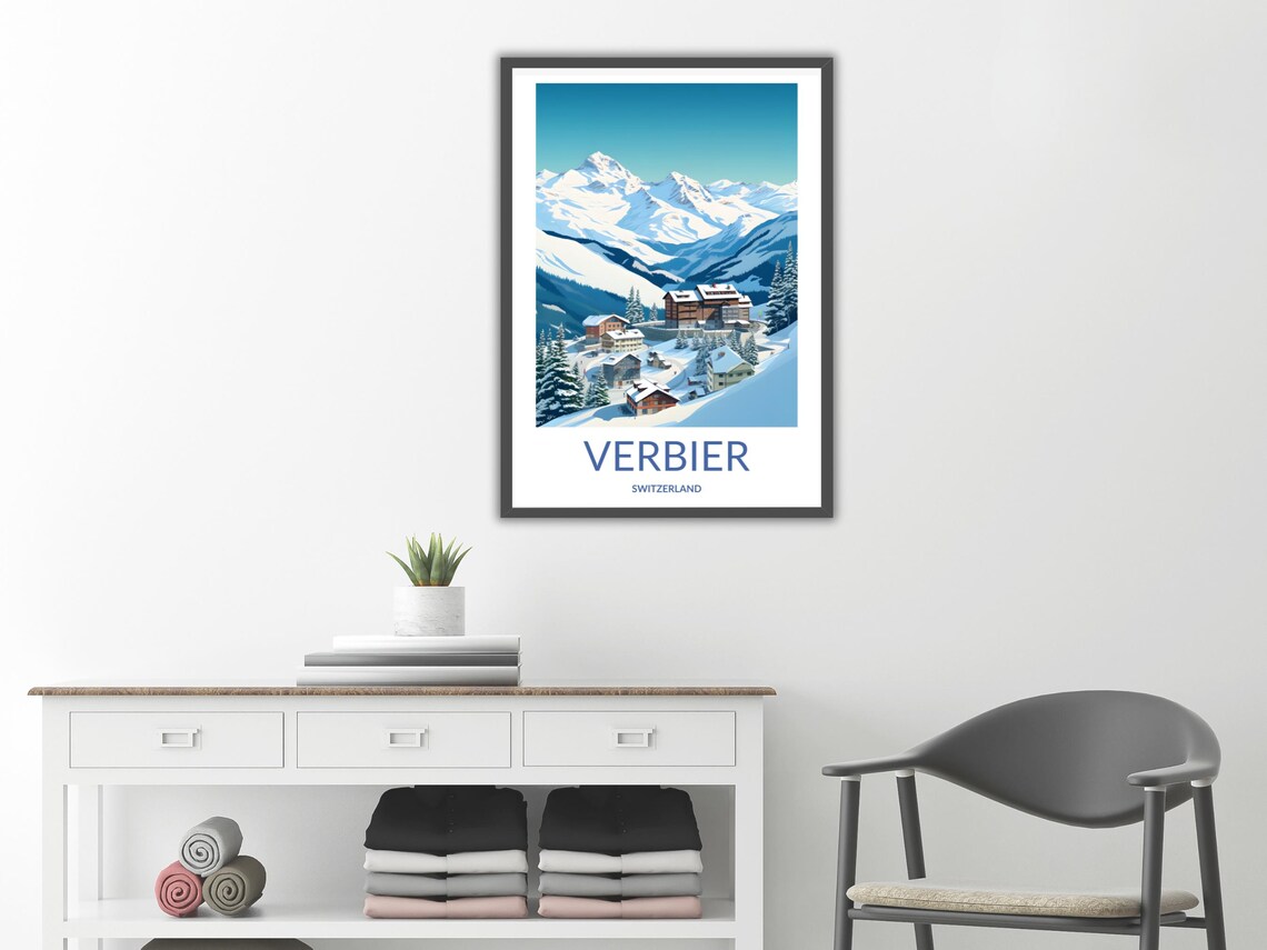 Verbier Switzerland Snowy Alpine Village Ski Chalets Mountain Poster - Image 2