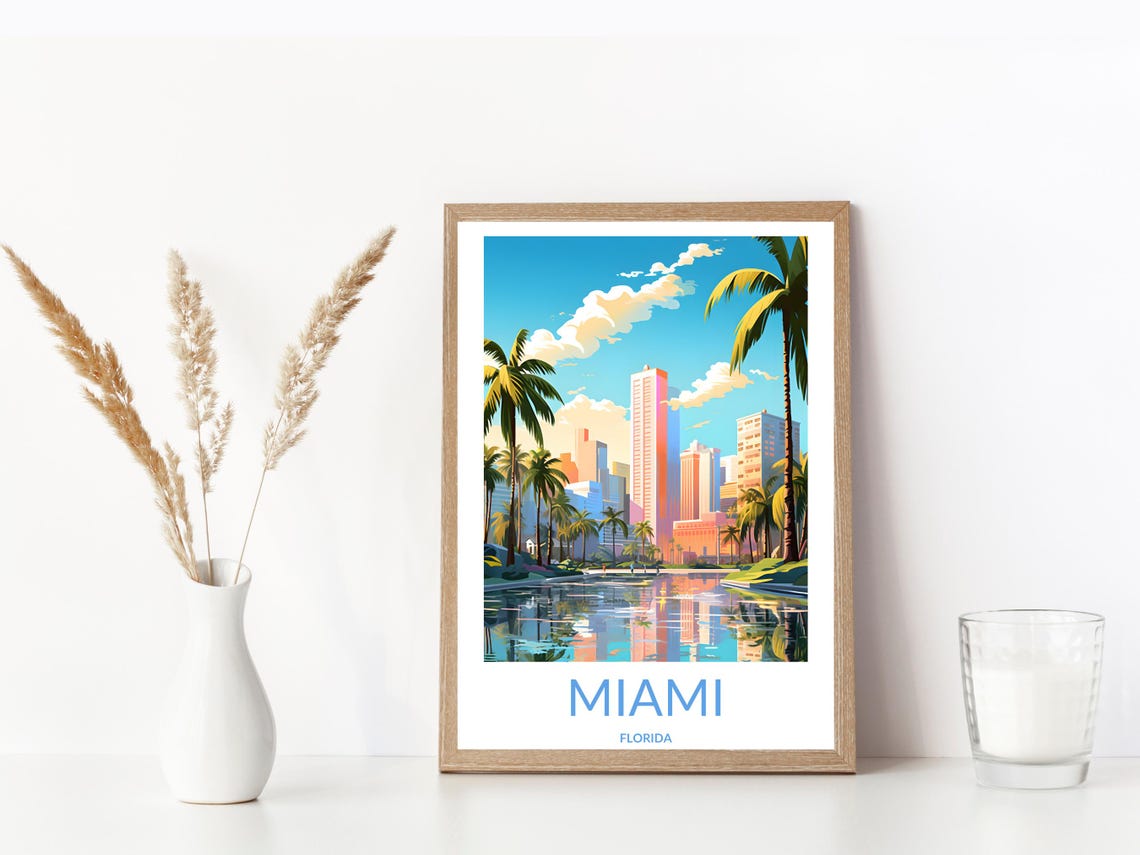 Miami Skyline Water Reflection Palm Trees Florida Travel Poster - Image 3