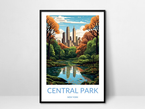 Central Park New York Fall Colors Lake Skyline Vintage Poster