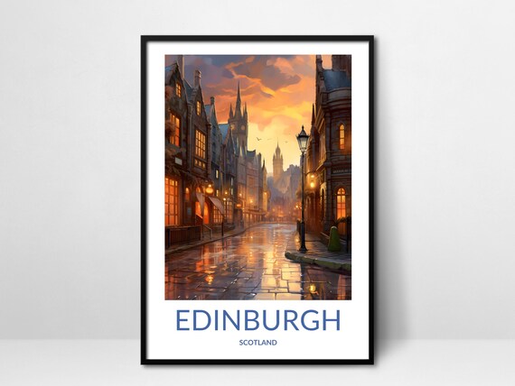 Edinburgh Rainy Street Dusk Lamplight Wet Cobblestone Poster