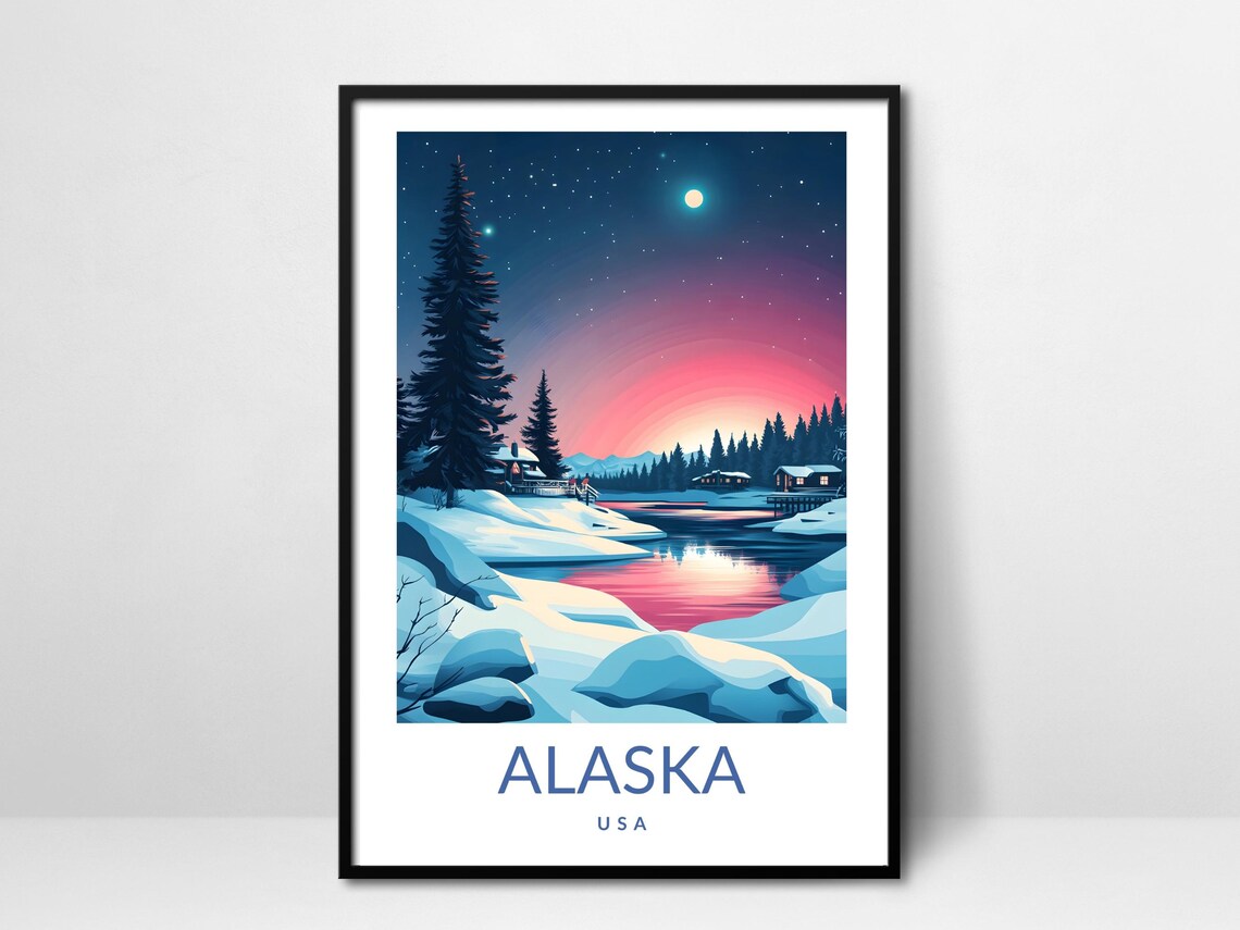 Alaska USA Winter Night Cabin Poster Snowy Lake Moonlight Landscape Art