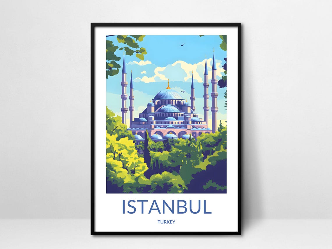 Istanbul Turkey Blue Mosque Greenery Dome Minarets Travel Poster