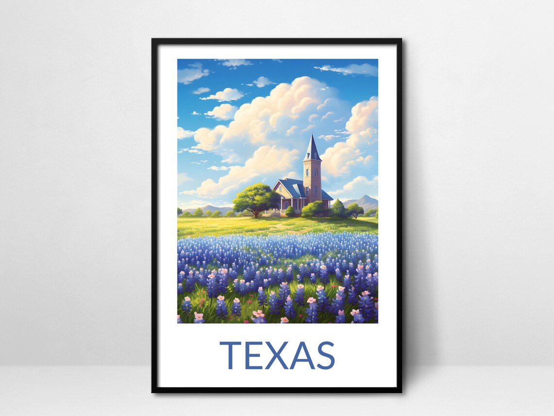 Texas Bluebonnet Field Country Church Steeple Wildflowers Art Poster