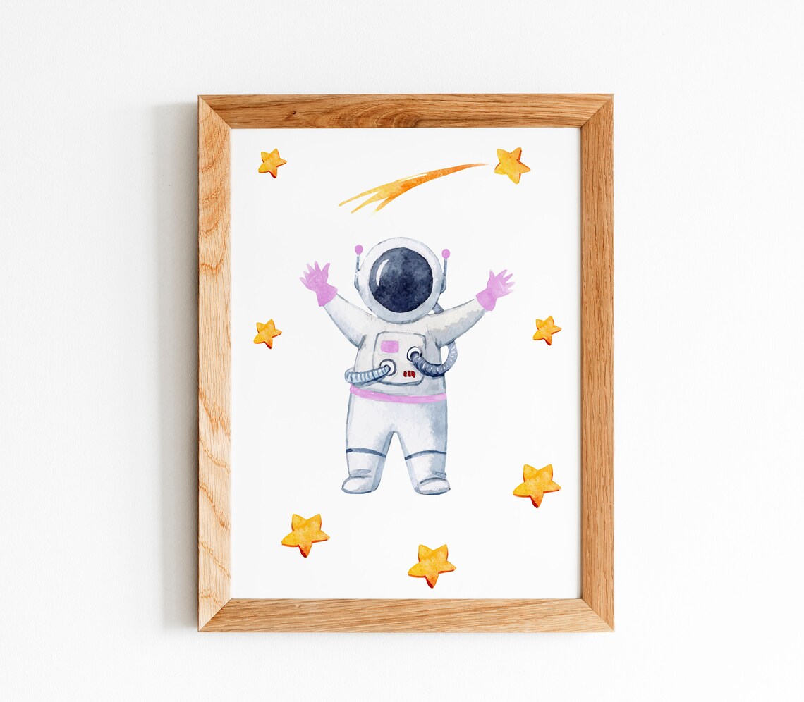 Happy Astronaut Stars Watercolor Girl Space Nursery Decor Poster - Image 5